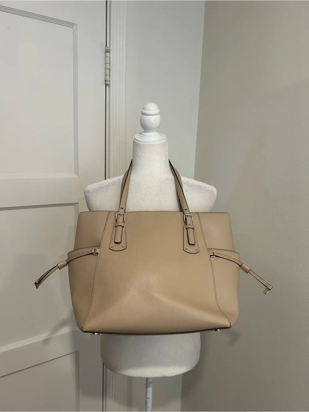 Michael Kors Tan Leather Tote with Black-and-White Scarf